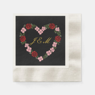 Serviettes noire - Mariage œur floral Pappersservett