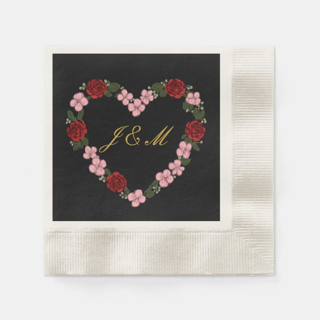 Serviettes noire - Mariage œur floral Pappersservett (Framsidan)