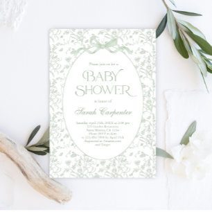 Sesageinbjudan till Toile De Jouy Bow Baby Shower Inbjudningar