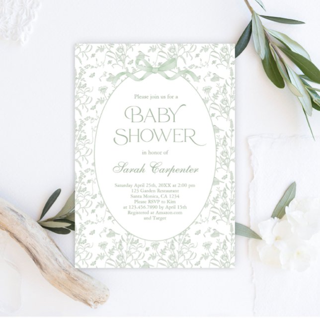 Sesageinbjudan till Toile De Jouy Bow Baby Shower Inbjudningar (Skapare uppladdad)