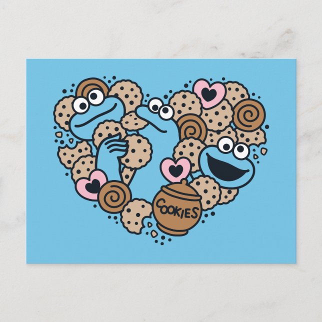 Sesame Sesame | Cookie Monster Doodle Heart Vykort (Framsida)