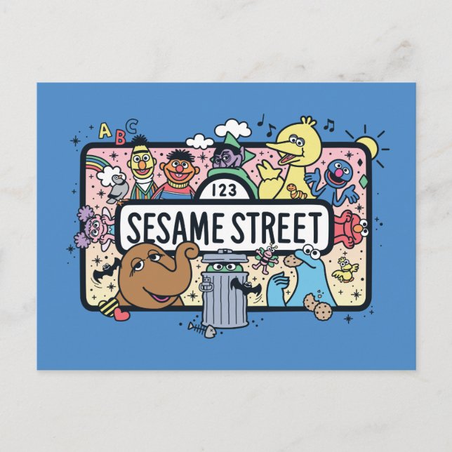 Sesame Sesame | Sesame Vänner Doodle Skylt Vykort (Framsida)