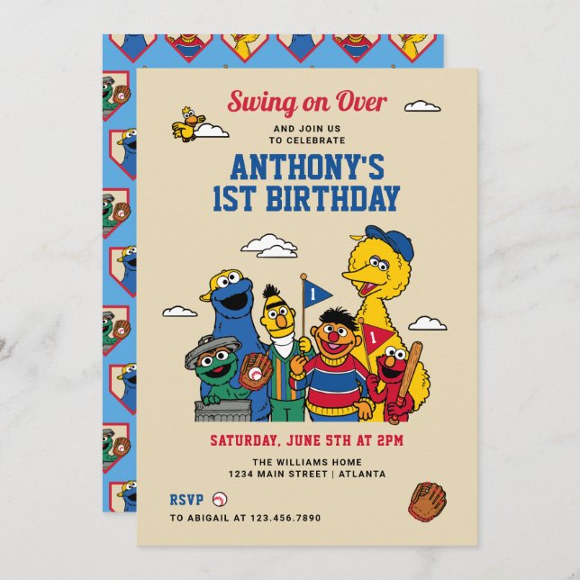 Sesame Street Baseball Birthday Inbjudningar (Fram/baksida)