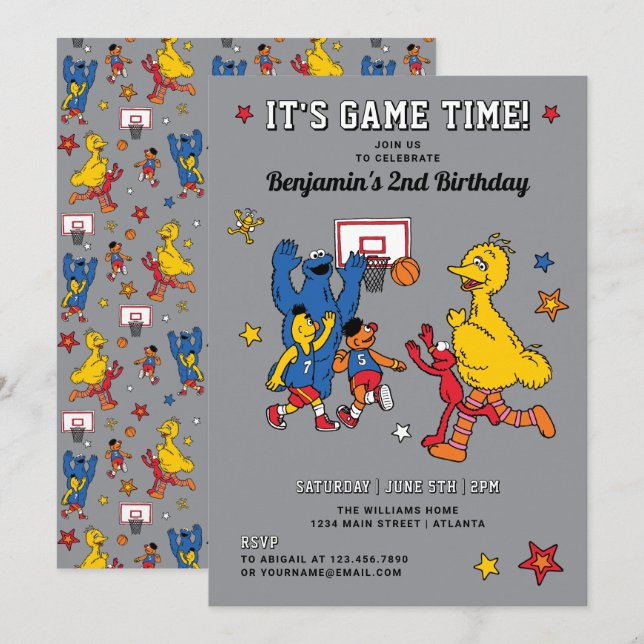 Sesame Street Basketball Birthday Inbjudningar (Fram/baksida)
