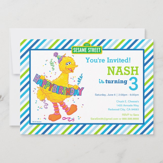 Sesame Street Big Bird Blue Stripe Birthday Inbjudningar (Framsida)