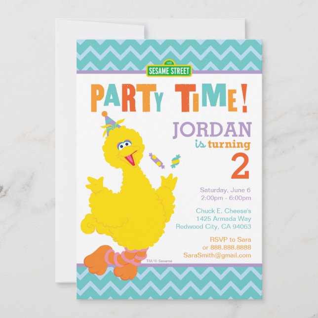 Sesame Street Big Bird Chevron Birthday Inbjudningar (Framsida)