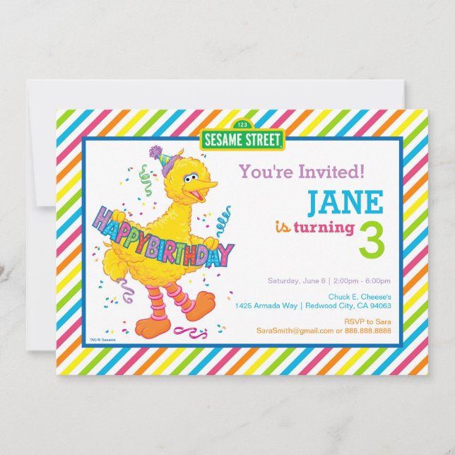 Sesame Street Big Bird Stripe Birthday Inbjudningar (Framsida)