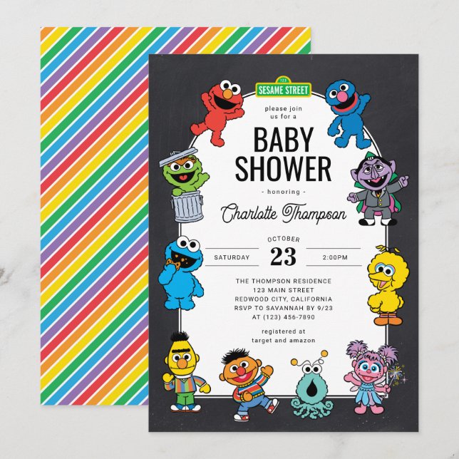 Sesame Street Characters Chalkboard Baby Shower Inbjudningar (Fram/baksida)