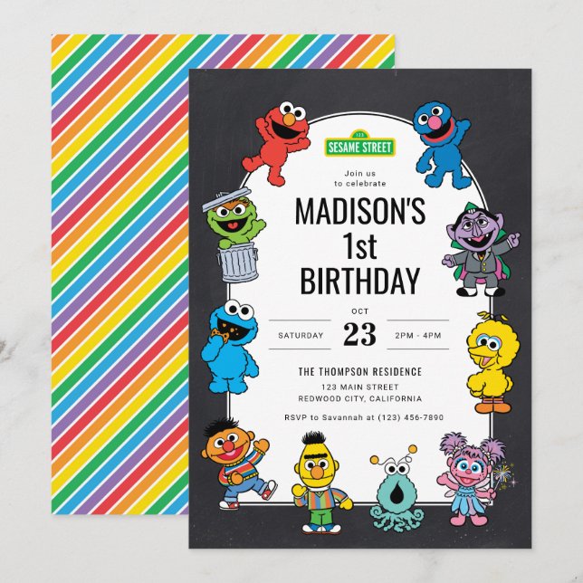 Sesame Street Characters Chalkboard Birthday Inbjudningar (Fram/baksida)
