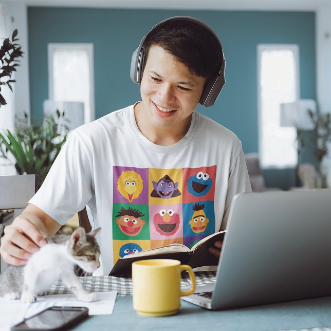 Sesame Street Characters | Färgblocksrutnät T Shirt (Person wearing t-shirt)