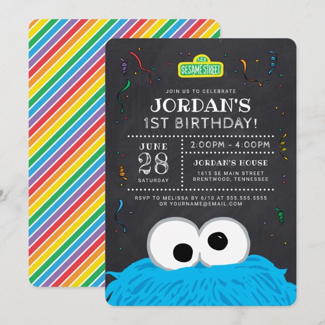Sesame Street | Cookie Monster Chalkboard Birthday Inbjudningar (Fram/baksida)
