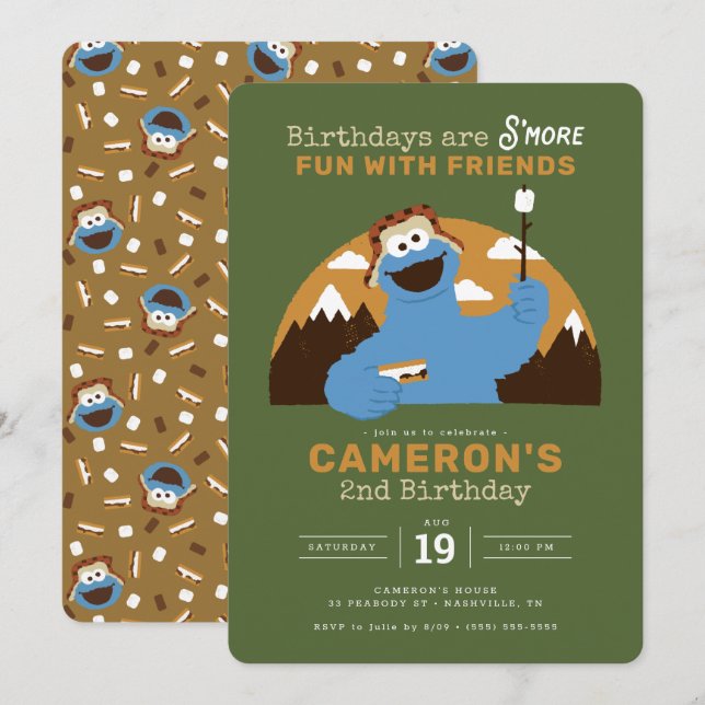 Sesame Street - Cookie Monster | Smore Birthday Inbjudningar (Fram/baksida)