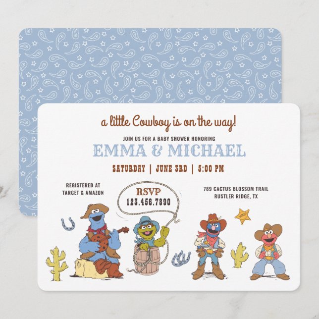 Sesame Street Cowboy Baby Shower Inbjudningar (Fram/baksida)