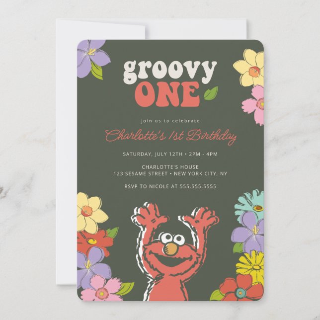 Sesame Street Elmo | Groovy En Blommigt födelsedag Inbjudningar (Framsida)