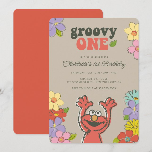 Sesame Street Elmo | Groovy En Blommigt födelsedag Inbjudningar (Fram/baksida)