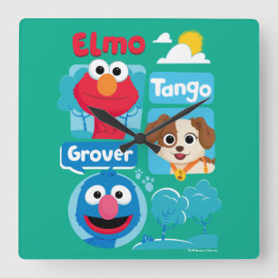 Sesame Street   Elmo, Tango och Grover Park Graphi Fyrkantig Klocka