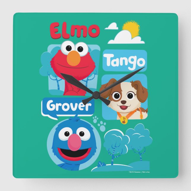 Sesame Street | Elmo, Tango och Grover Park Graphi Fyrkantig Klocka (Framsida)