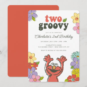 Sesame Street Elmo Två Groovy Blommigt Birthday Inbjudningar