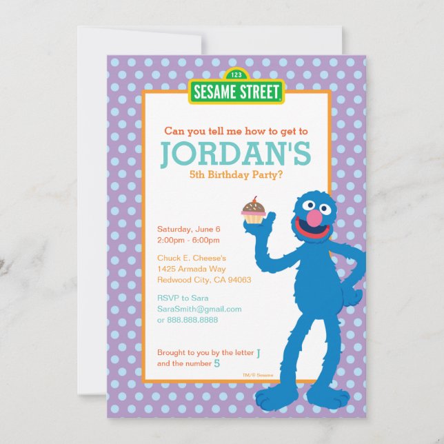 Sesame Street Grover Polka Dot Birthday Inbjudningar (Framsida)