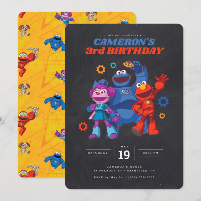 Sesame Street Mecha Builders Chalkboard Birthday Inbjudningar (Fram/baksida)
