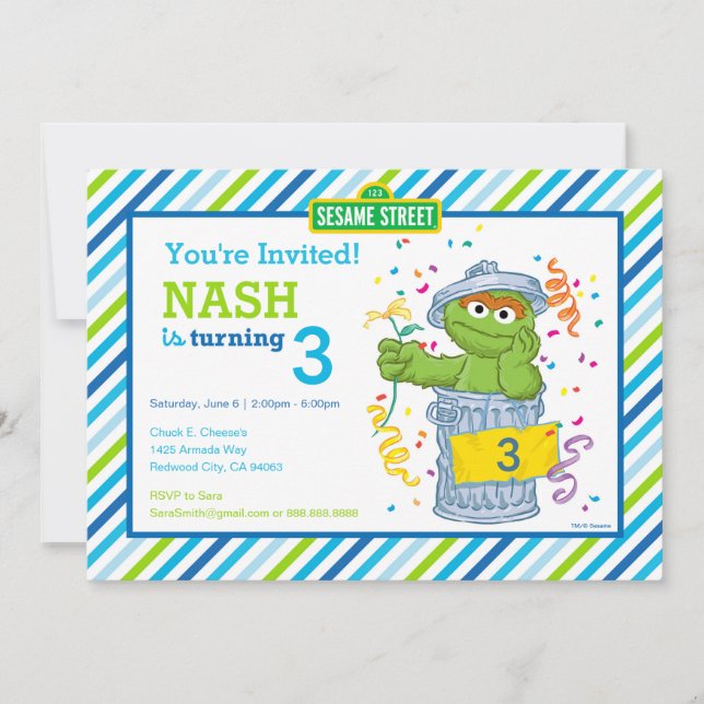 Sesame Street Oscar, Grouch Stripe Birthday Inbjudningar (Framsida)