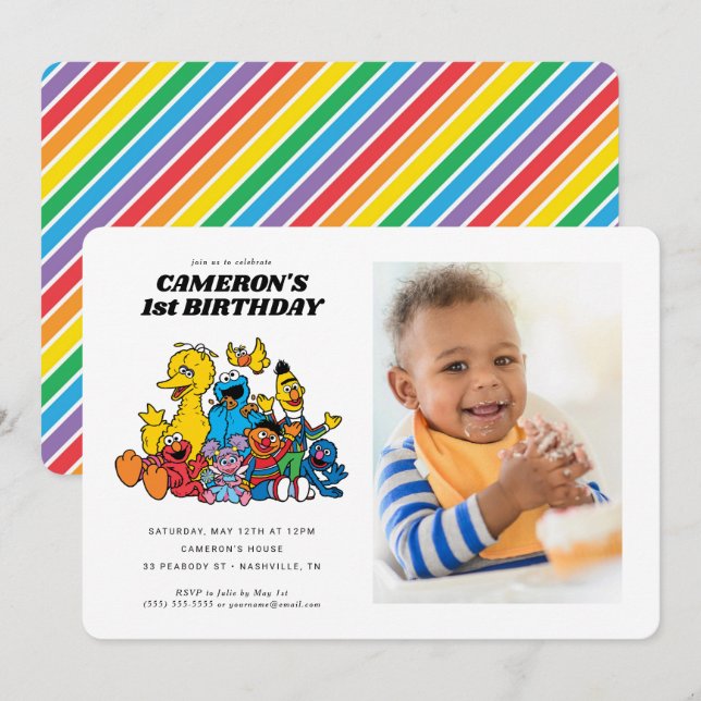 Sesame Street Pals 1st Birthday med Photo Inbjudningar (Fram/baksida)