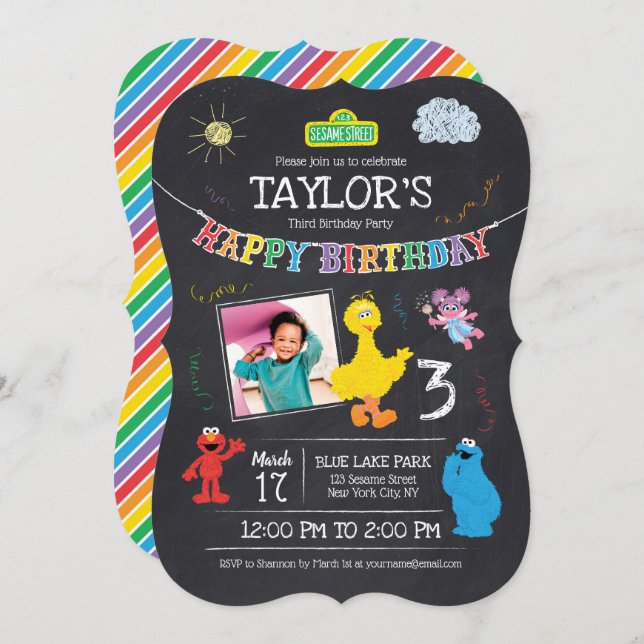 Sesame Street Pals Chalkboard Photo 3rd Birthday Inbjudningar (Fram/baksida)