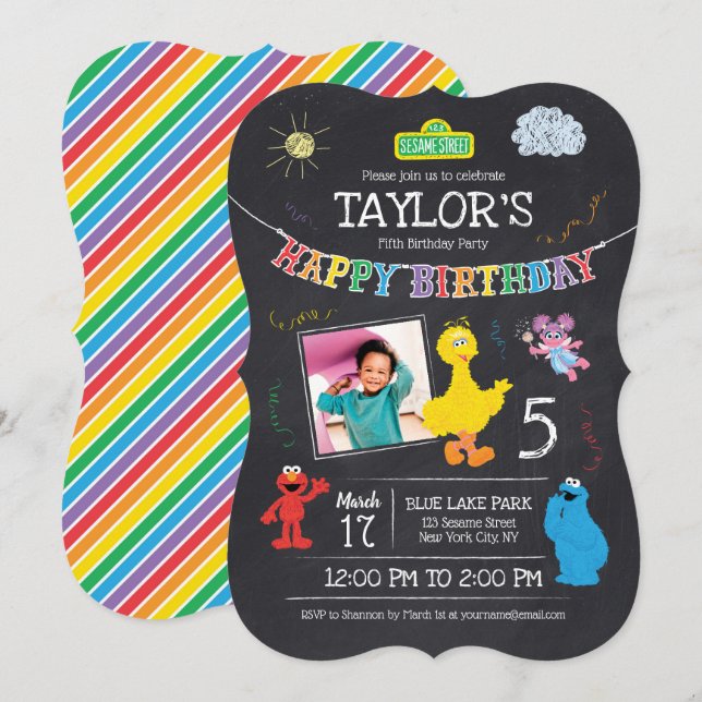 Sesame Street Pals Chalkboard Photo 5th Birthday Inbjudningar (Fram/baksida)