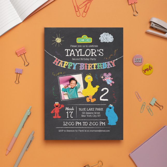 Sesame Street Pals Chalkboard Photo Birthday Inbjudningar (Skapare uppladdad)