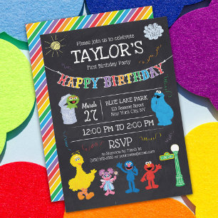 Sesame Street Pals Chalkboard Rainbow 1st Birthday Inbjudningar