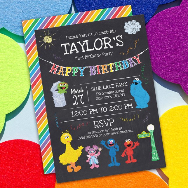 Sesame Street Pals Chalkboard Rainbow 1st Birthday Inbjudningar (Skapare uppladdad)