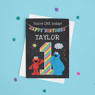 Sesame Street Pals Chalkboard Rainbow 1st Birthday Kort