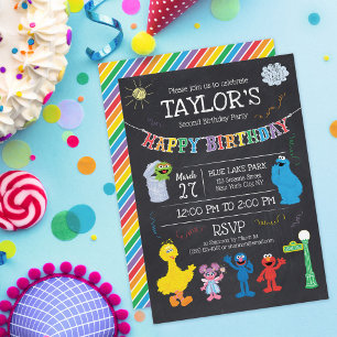 Sesame Street Pals Chalkboard Rainbow 2:a födelsed Inbjudningar
