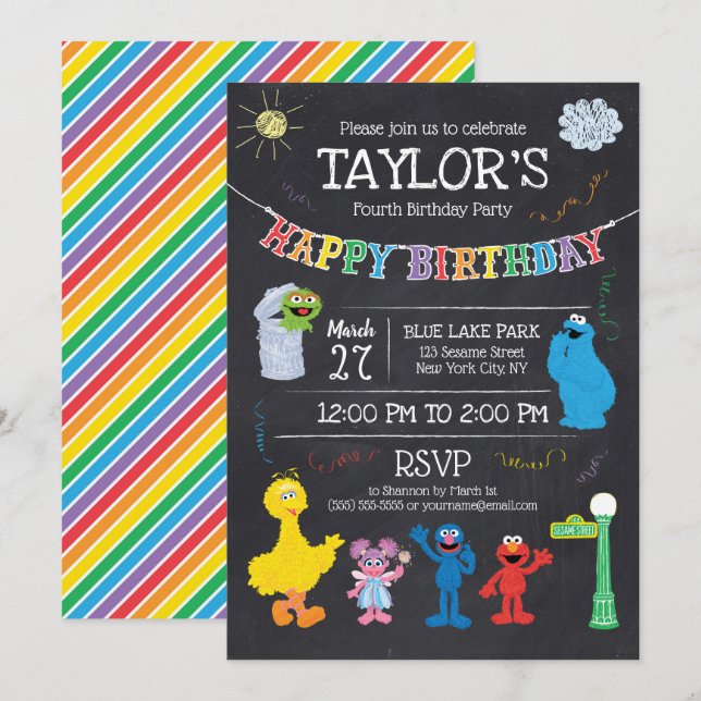 Sesame Street Pals Chalkboard Rainbow 4e födelseda Inbjudningar (Fram/baksida)