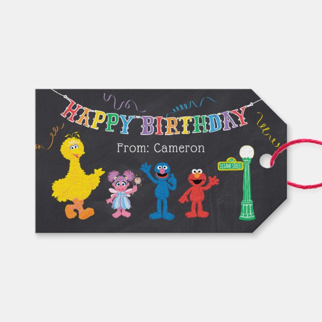 Sesame Street Pals Chalkboard Rainbow Birthday Presentetikett (Framsidan (Horisontell))