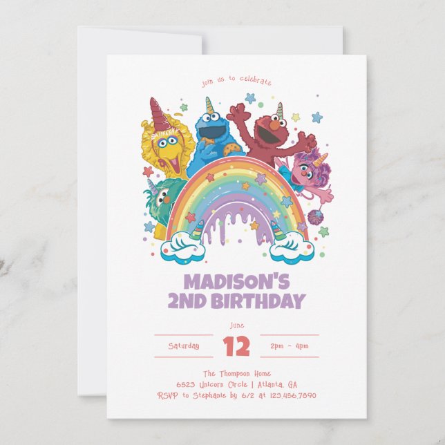 Sesame Street Rainbow Unicorn Birthday Inbjudningar (Framsida)