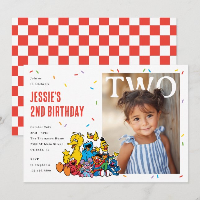 Sesame Street Red Confetti Second Birthday Inbjudningar (Fram/baksida)