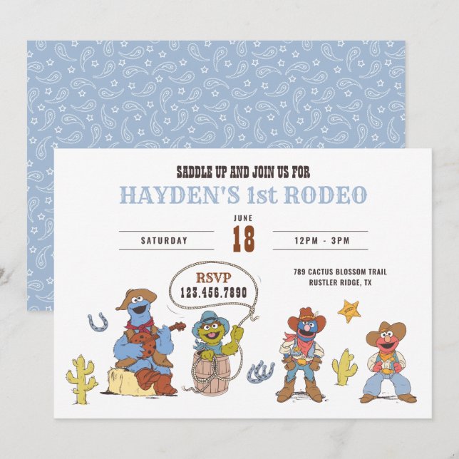 Sesame Street Rodeo Cowboy Födelsedag Inbjudningar (Fram/baksida)