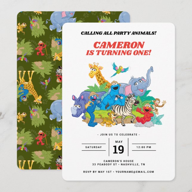 Sesame Street Safari Animals 1:a födelsedagsinbjud Inbjudningar (Fram/baksida)