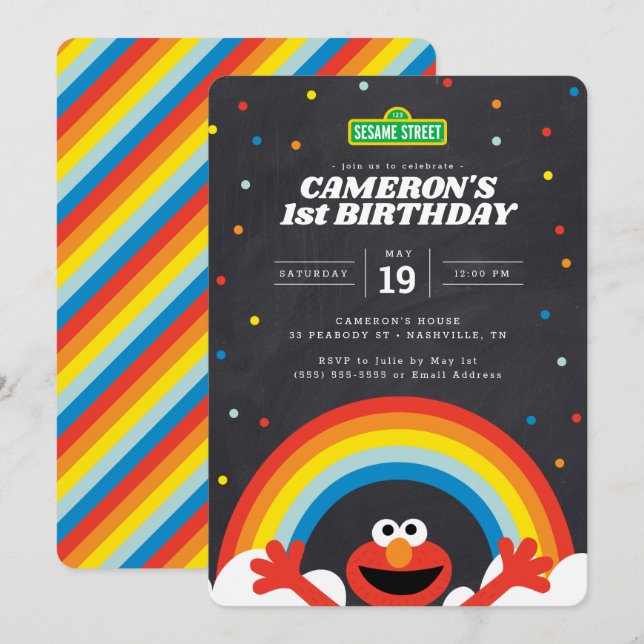 Sesame Street | Uppmaning till Elmo Rainbow Birthd Inbjudningar (Fram/baksida)