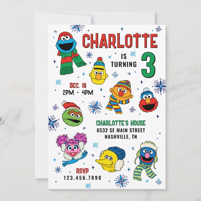 Sesame Street Winter Snöflingor Birthday Inbjudningar (Framsida)