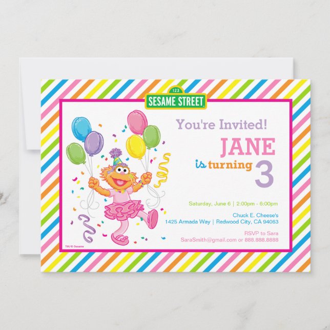 Sesame Street Zoe Stripe Birthday Inbjudningar (Framsida)