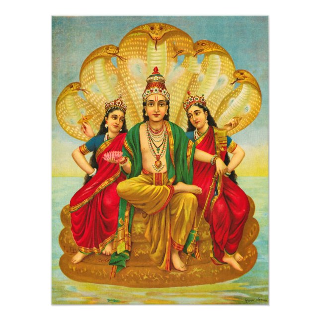 Sesha Narayana, Kung i Nagas, av Raja Ravi Varma Fototryck (Framsidan)