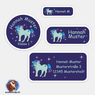 Set - 24 Namensaufkleber Fantasy Einhorn blau | Klistermärken