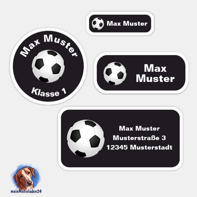 Set - 24 Namensaufkleber Fußball schwarz |  Klistermärken (Namensaufkleber Set für Kinder - Fußball schwarz - 24 teilig, personalisierbar )