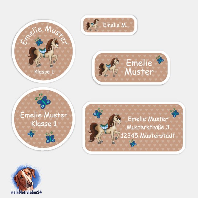 Set - 24 Namensaufkleber Pferde Herzchen braun | Klistermärken (Namensaufkleber Set für Mädchen - Pferde - Herzchen braun - 24 teilig, personalisierbar )