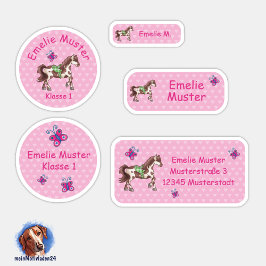 Set - 24 Namensaufkleber Pferde Herzchen rosa |  Klistermärken