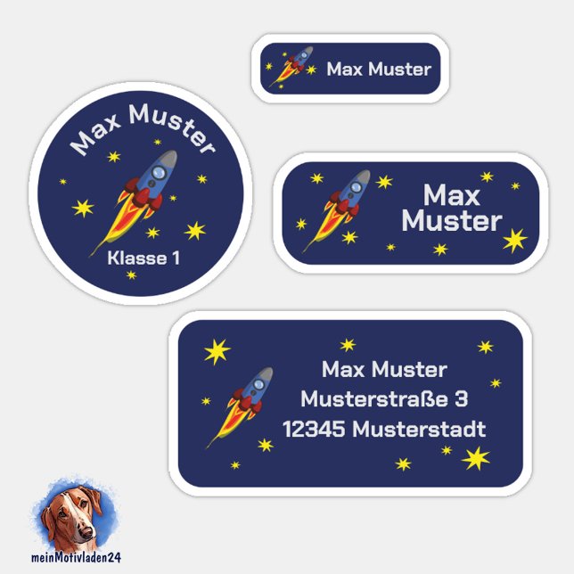 Set - 24 Namensaufkleber Rakete | Klistermärken (Namensaufkleber Set für Kinder - Rakete - 24 teilig, personalisierbar )