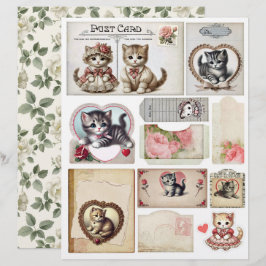 Set med katter i vintage-stil och efemera