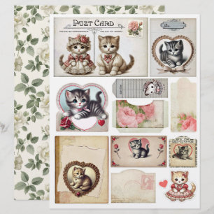 Set med katter i vintage-stil och efemera